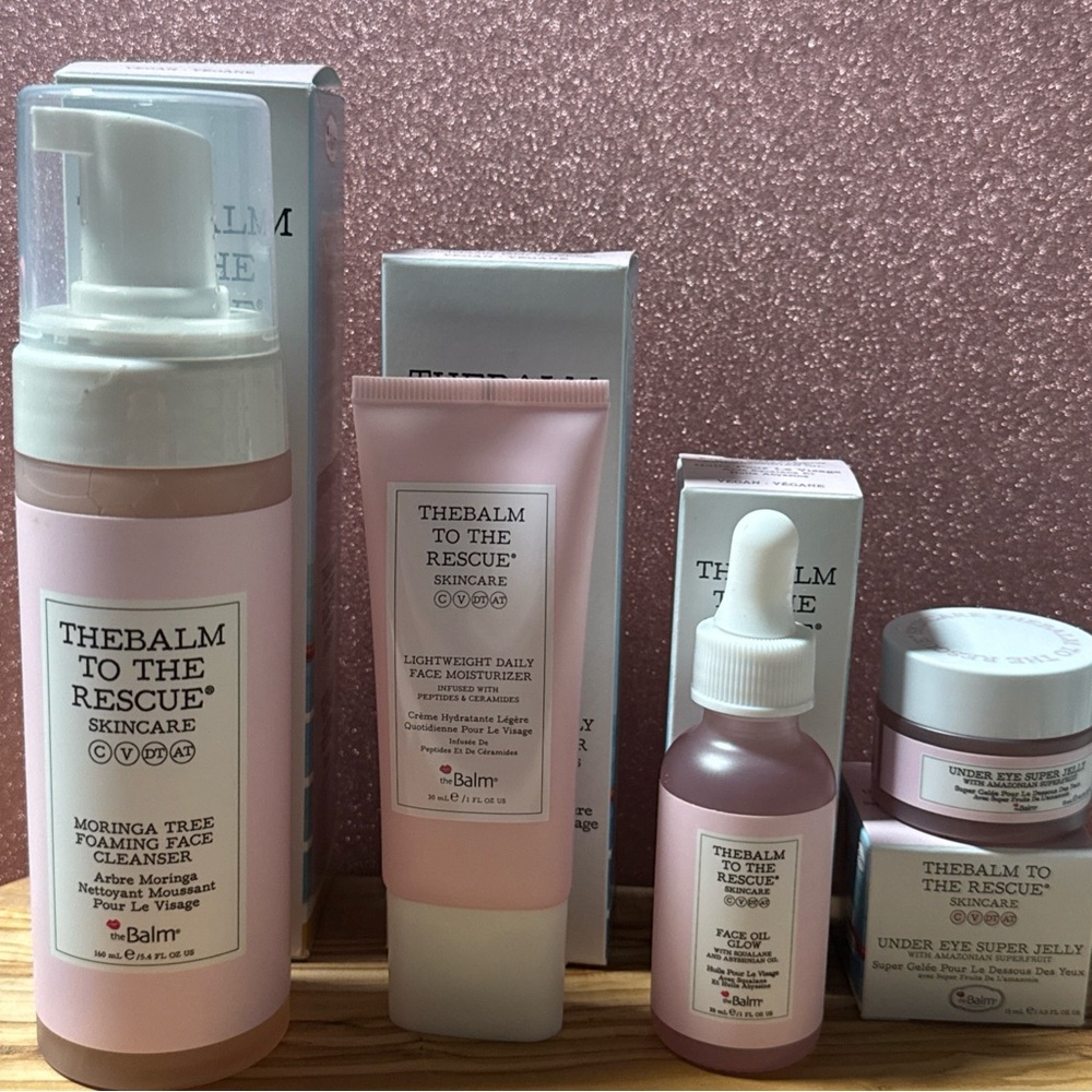 The Balm to the Rescue cleanser,moisturizer, face oil glow & under eye jelly NEW